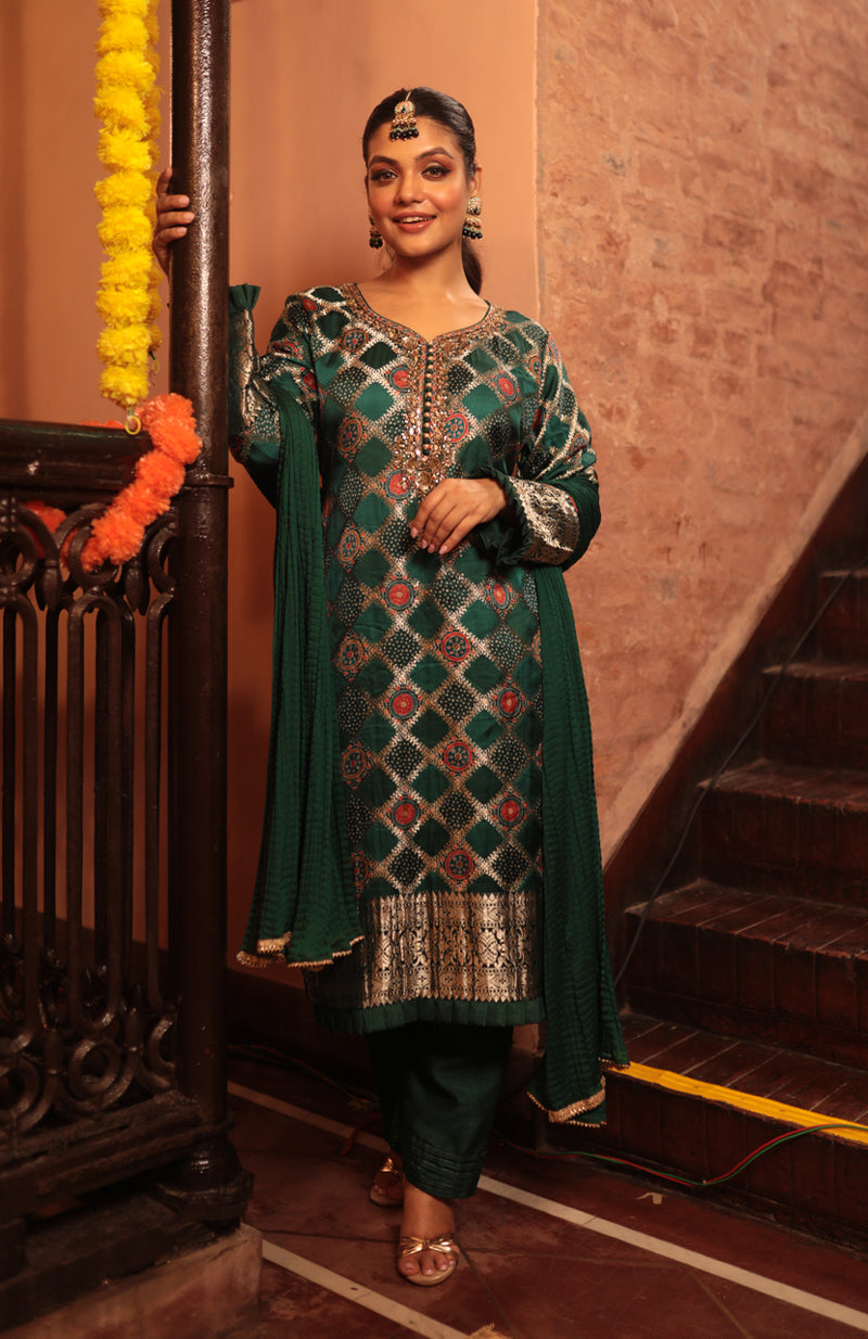 Fancy Salwar Suit in Green & Golden Combination