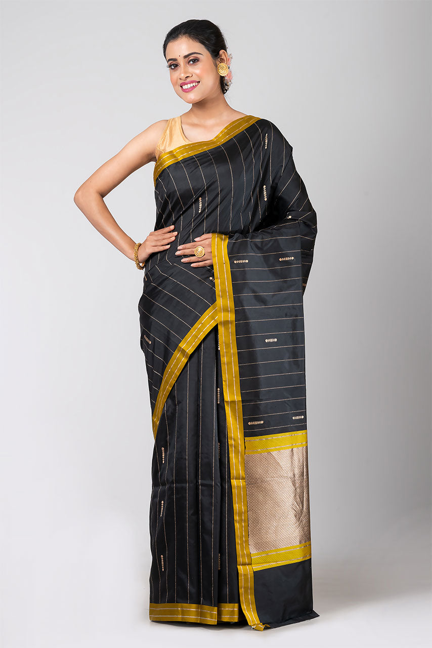 Jemisha (Black Silk Saree with all over Stripe Jaal)