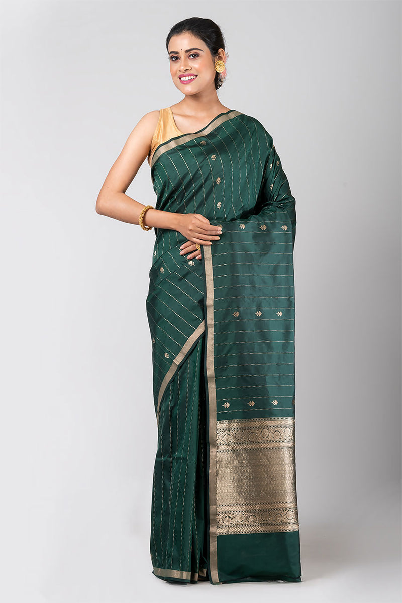 Rohini (Bottle Green Silk Saree with all over Stripe Jaal)