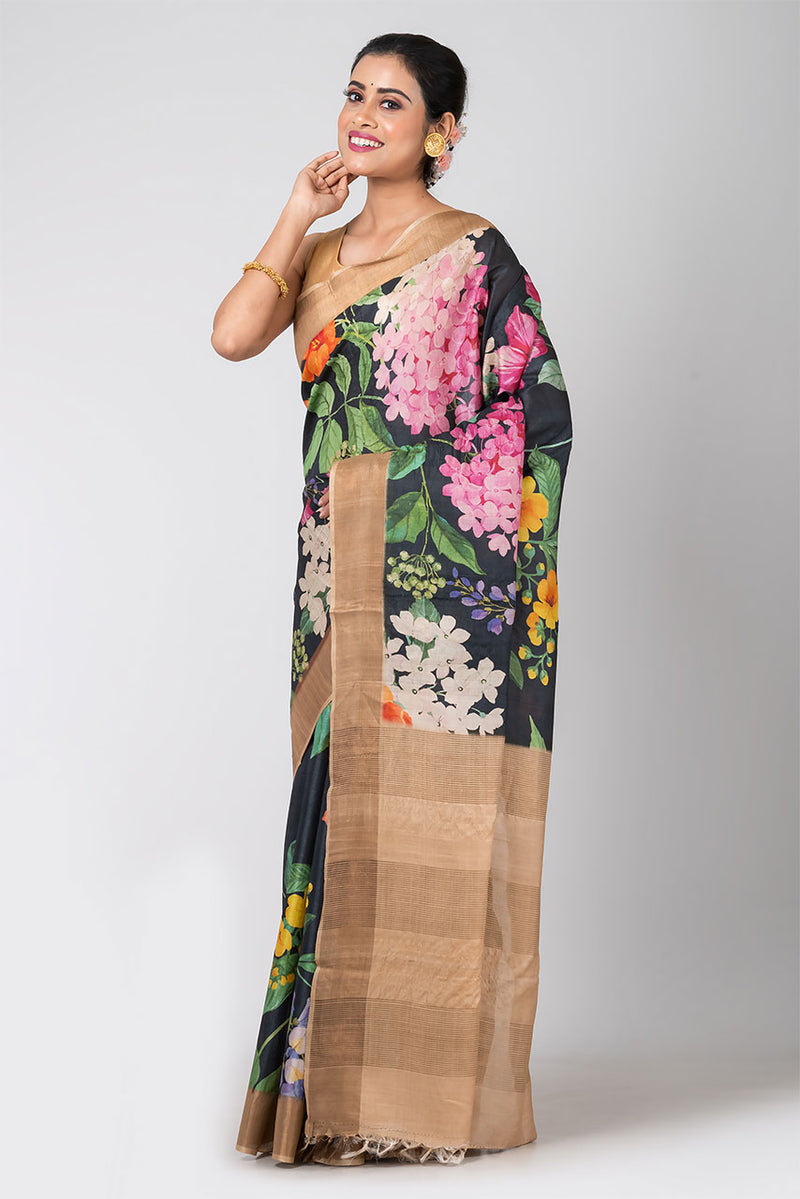 Floral Fantasy (Black Floral Tussar Saree)