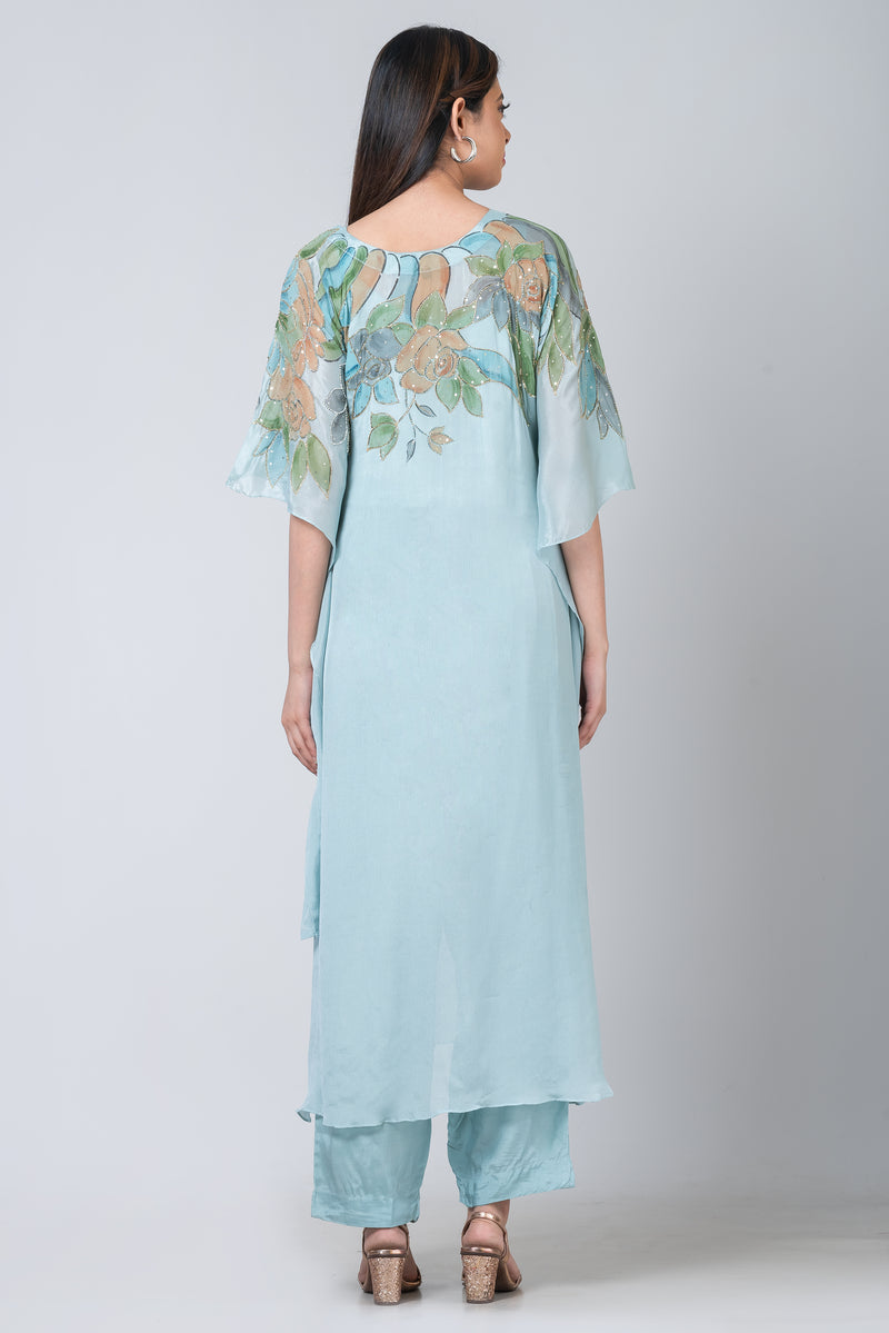 Desdemona (Sky-blue Chinon Silk Kurta Set with Cut-dana Work)