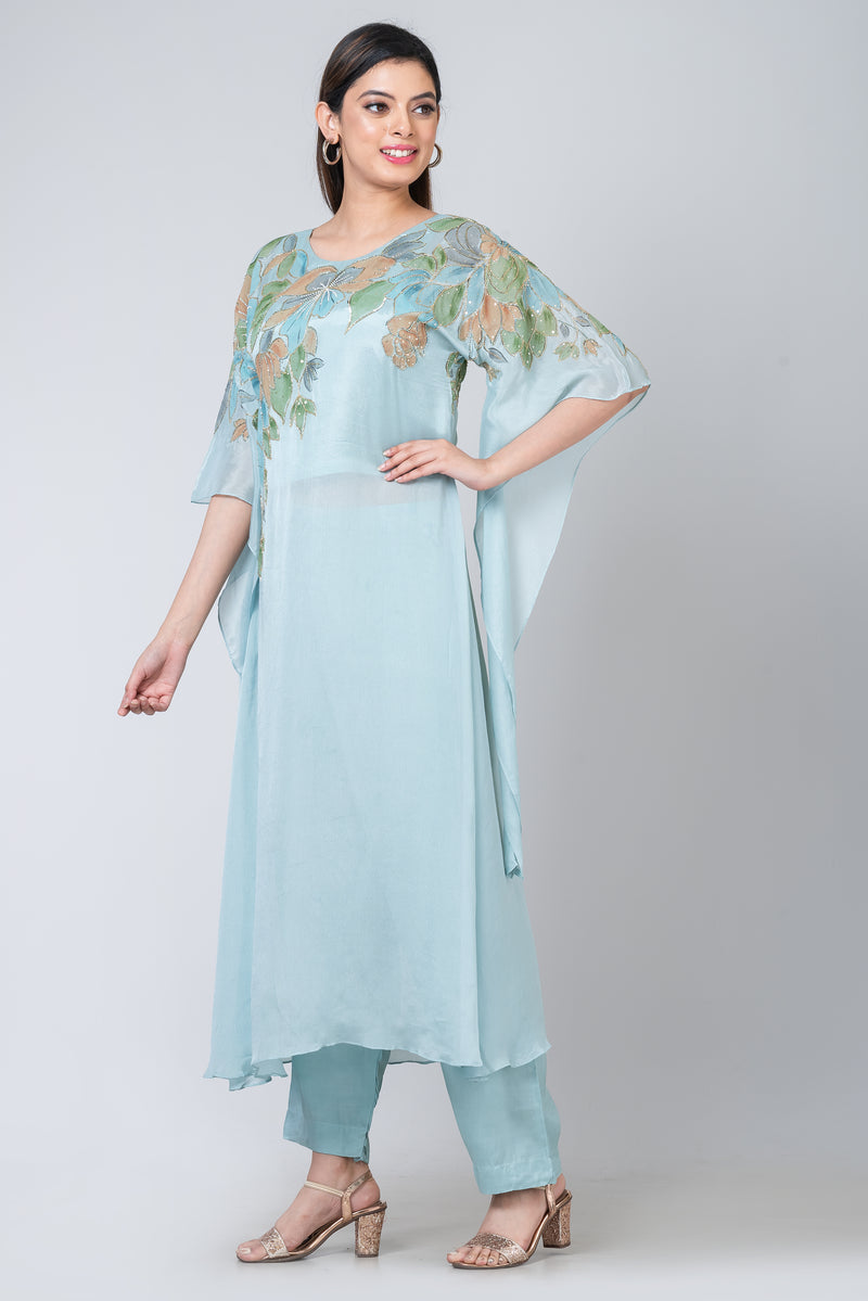 Desdemona (Sky-blue Chinon Silk Kurta Set with Cut-dana Work)