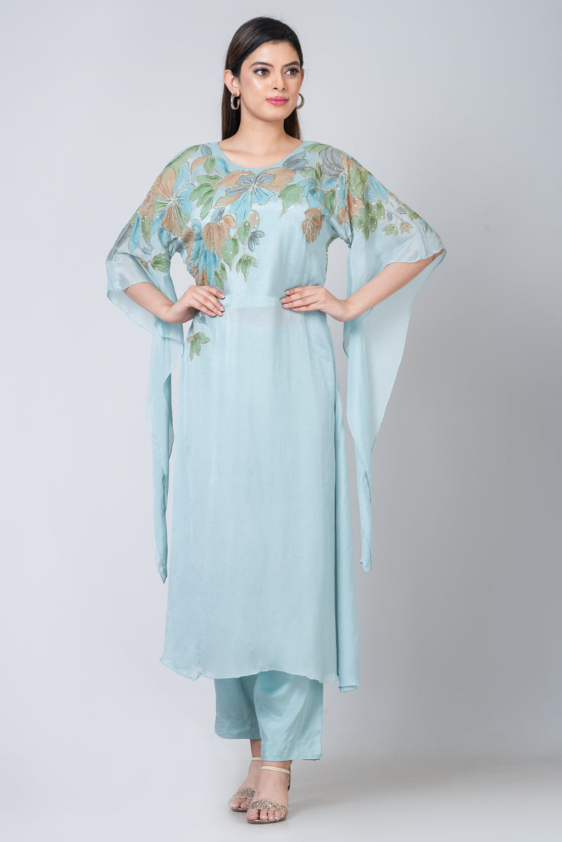 Desdemona (Sky-blue Chinon Silk Kurta Set with Cut-dana Work)