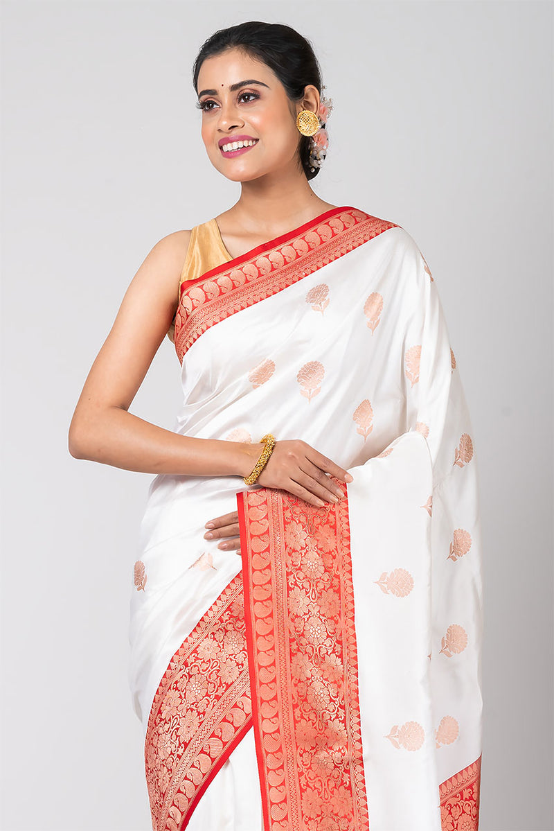 Shohag (Silk Traditional Bengali White Saree with Red Border)