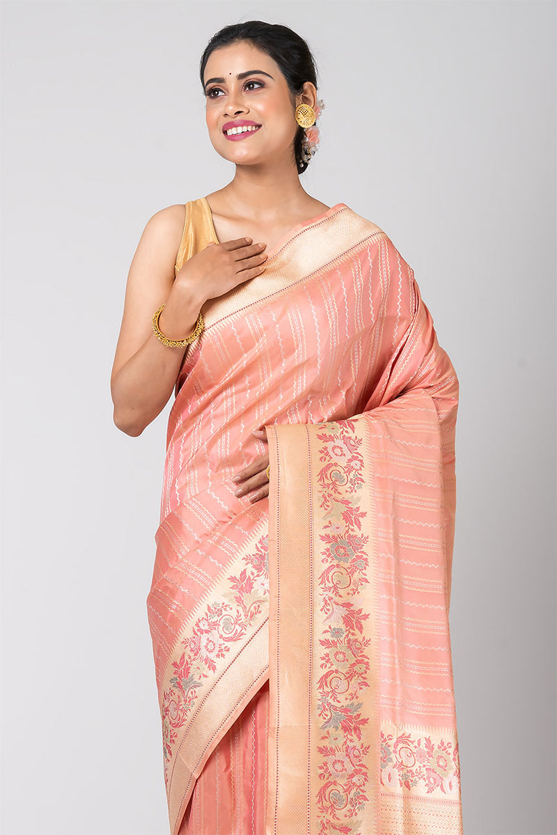 Manorama (Peach Silk Saree with Silver Zari Stripe)