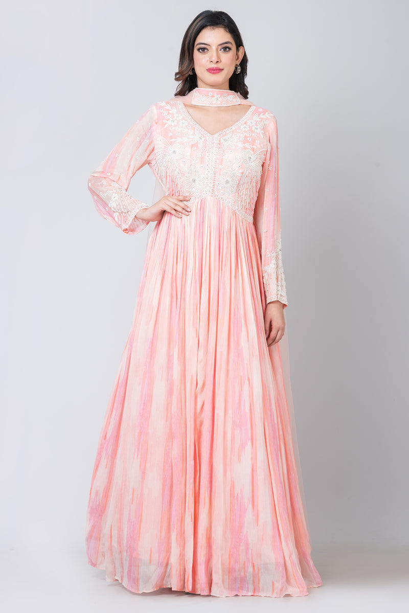 Prunus  (Chinon Silk Anarkali Suit with Net Dupatta)