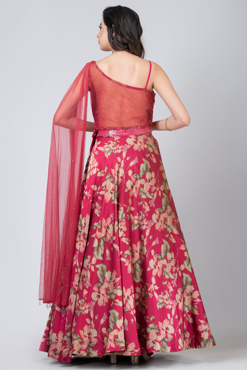 Celosia  (Lehenga with one-side shoulder blouse and dupatta)