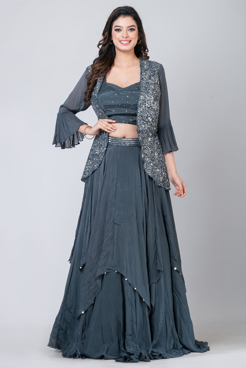 Shale (Chinon Silk Lehenga with blouse and short jacket)