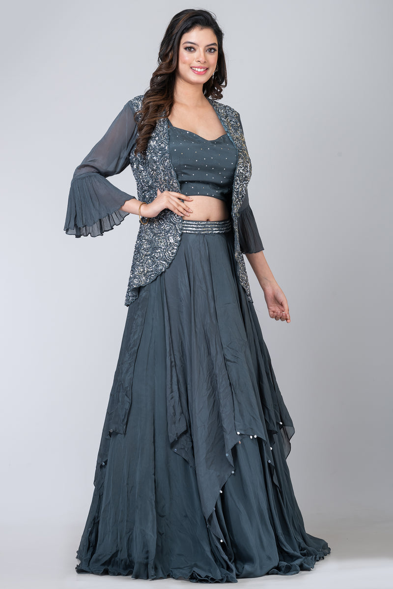 Shale (Chinon Silk Lehenga with blouse and short jacket)