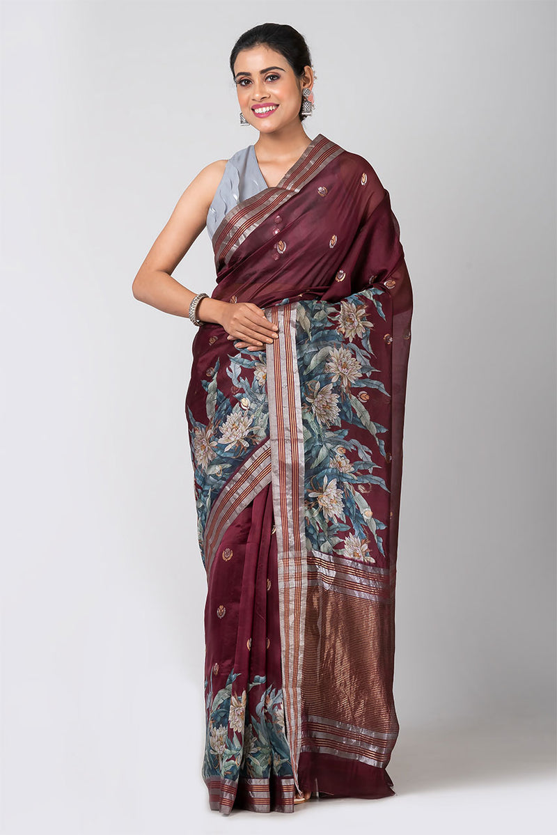 Manohari (Wine Organza Saree)