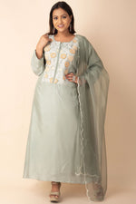 Chanderi Silk Kurti With Plain Dupatta in Mettalic Green