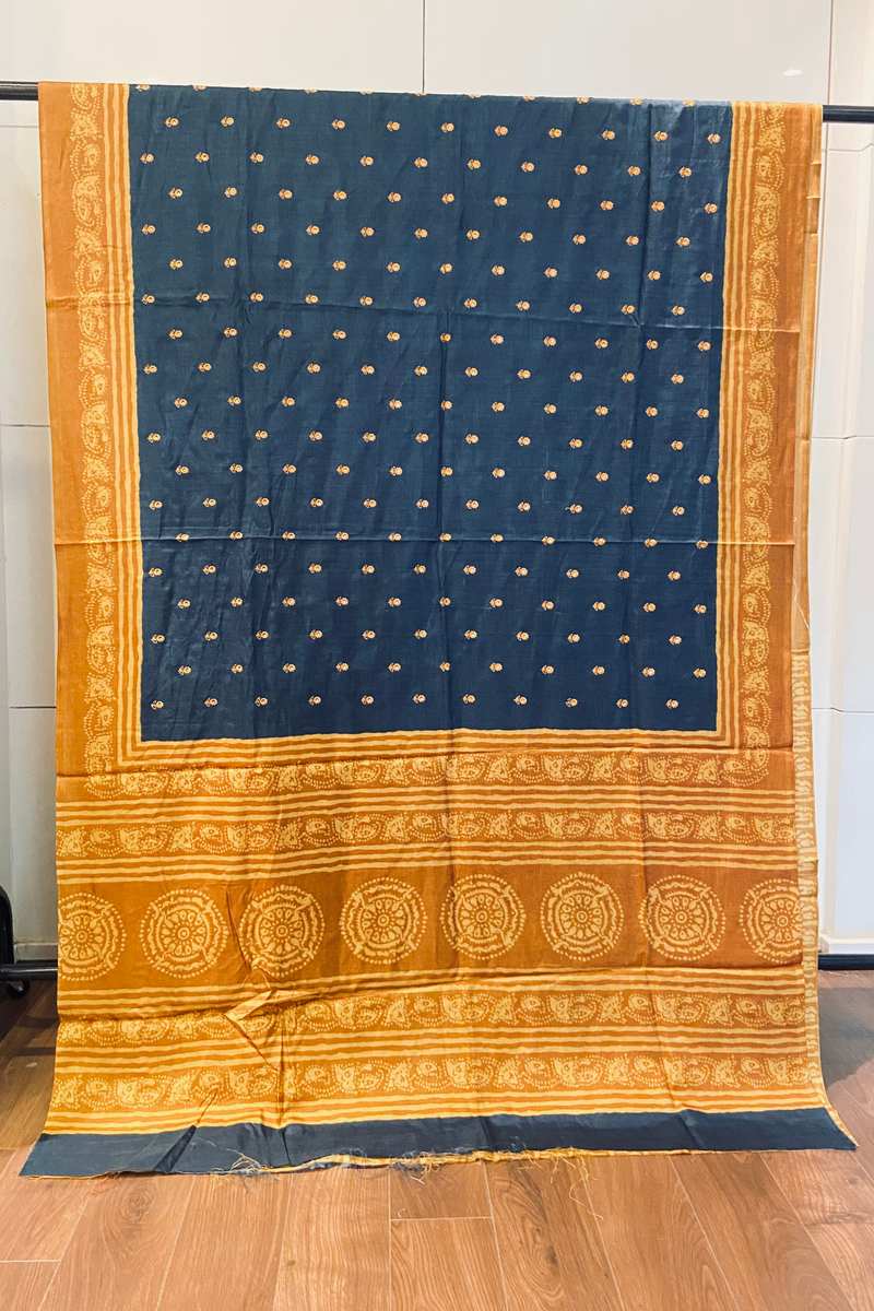 Tussar Saree in Mustard & Blue Color