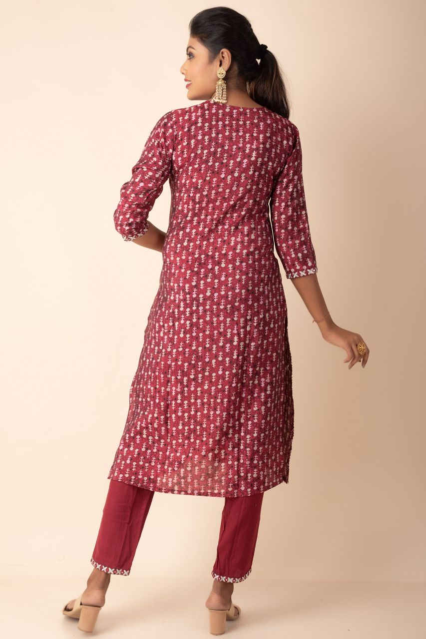 Red Cotton Kurti With Straight Pant Bottom