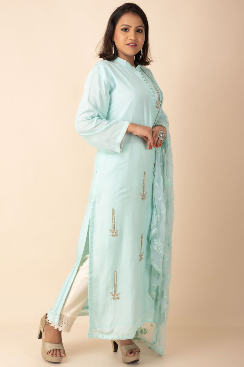 High Neck Long Kurti With Embroidered Dupatta