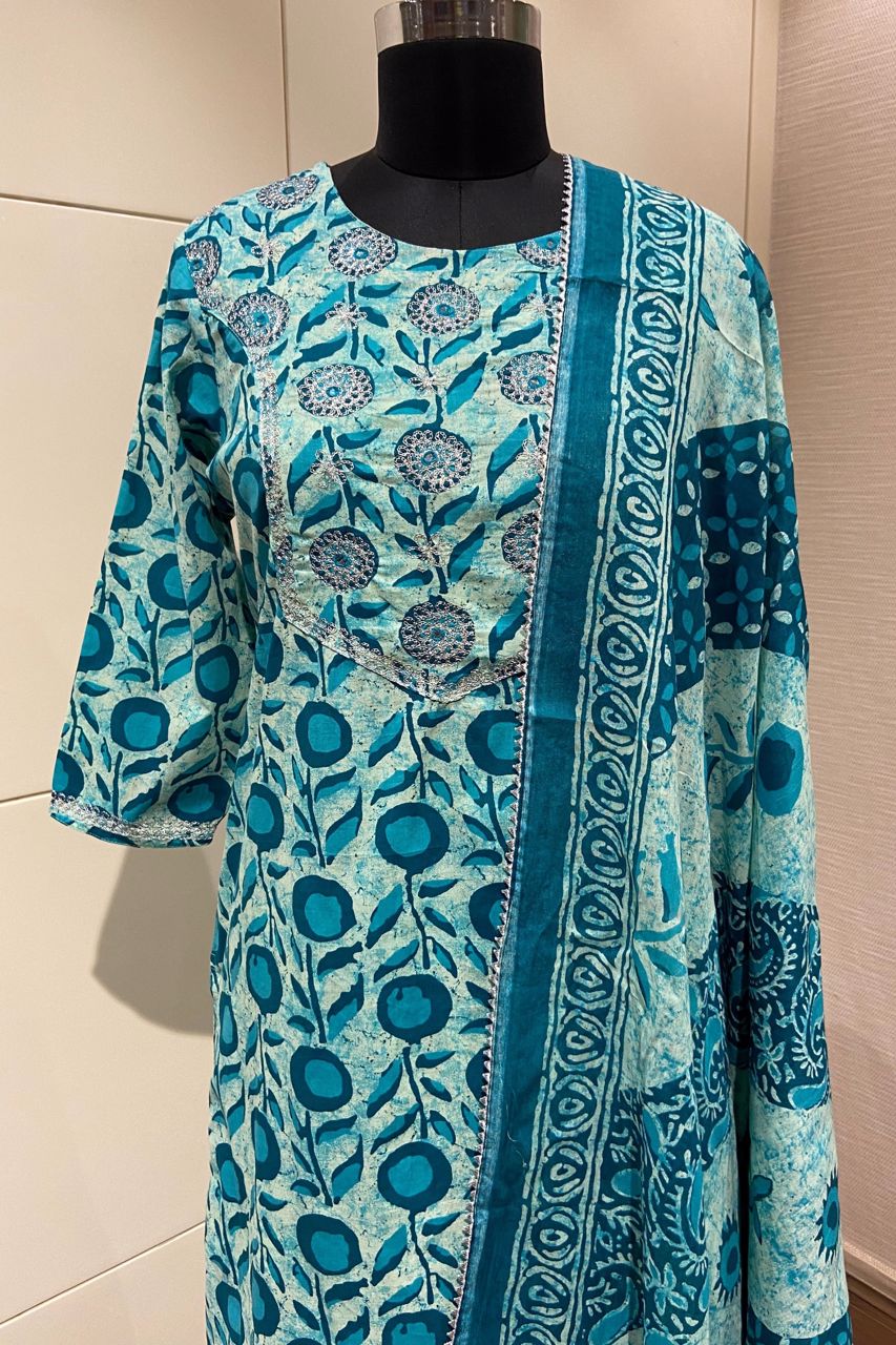 Blue Cotton Salwar Suit With Embroidered Yoke