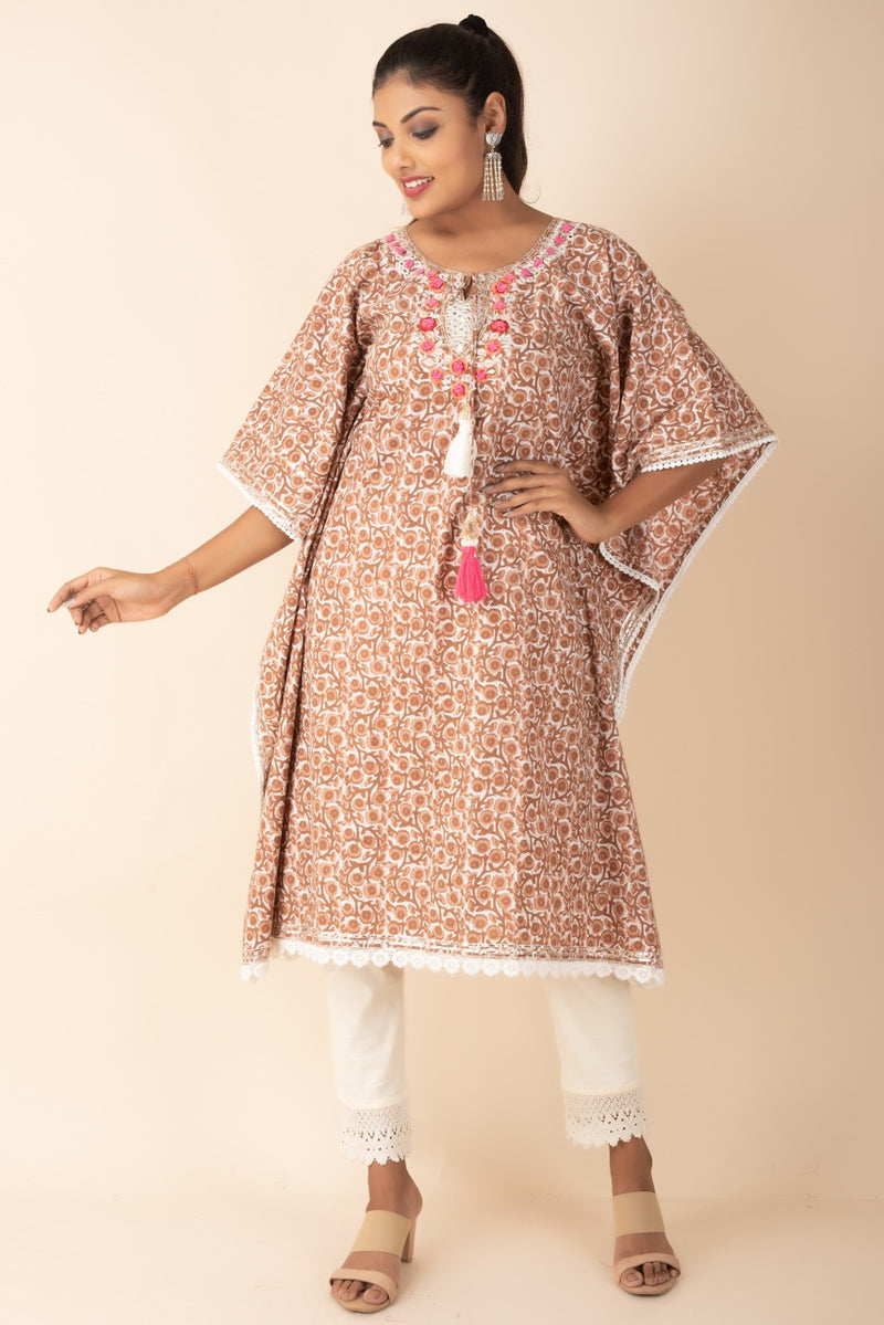 Kaftan Style Kurti in Printed Cotton with Tassel in Yoke