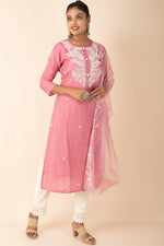 Muslin Kurti With Thread Work and Organza Dupatta