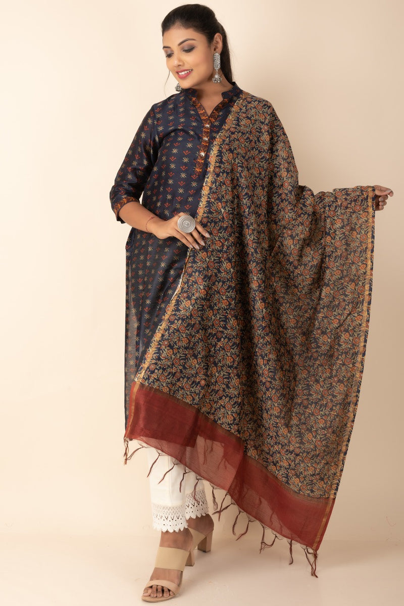 Silk High Neck Kurti with Printed Dupatta