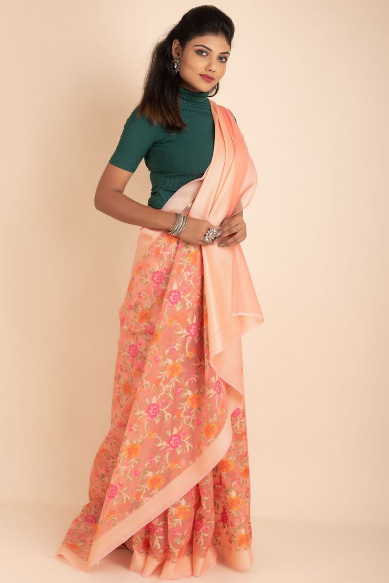 Peach Colour Organza Saree With Resham Work