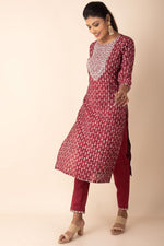 Red Cotton Kurti With Straight Pant Bottom