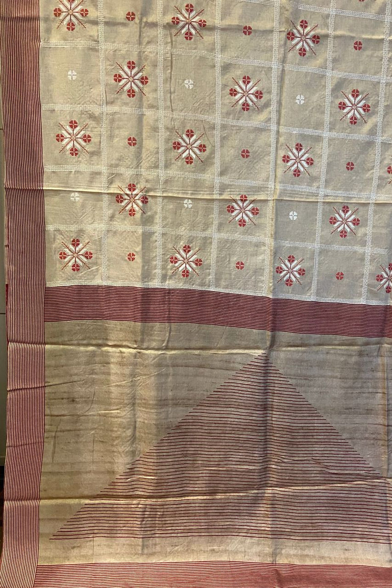 Beige and Maroon Tussar Saree