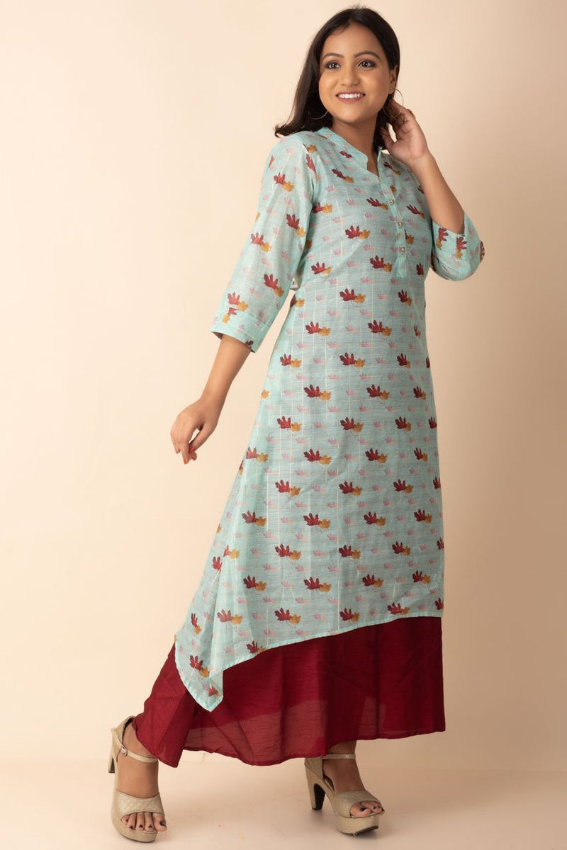 Assymetrical Indo Western Kurti With Printed Leaf Motif