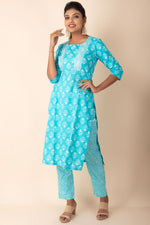 Cotton Kurti With Pant in Sky Blue Colour