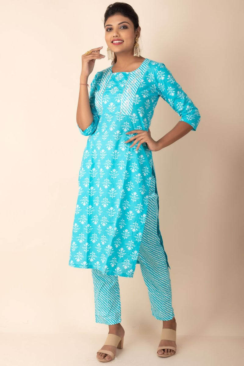 Cotton Kurti With Pant in Sky Blue Colour