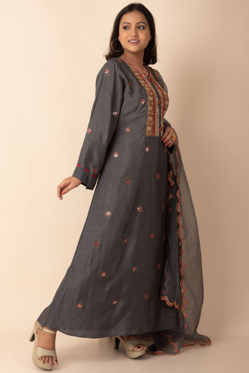 Long Kurti In Dark Grey Colour With Organza Dupatta