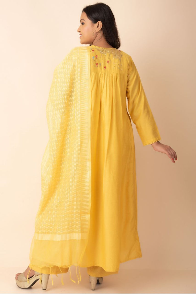 A Line Salwar Suit In Yellow Colour With Palazzo