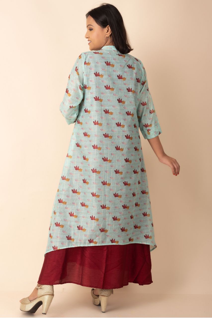 Assymetrical Indo Western Kurti With Printed Leaf Motif