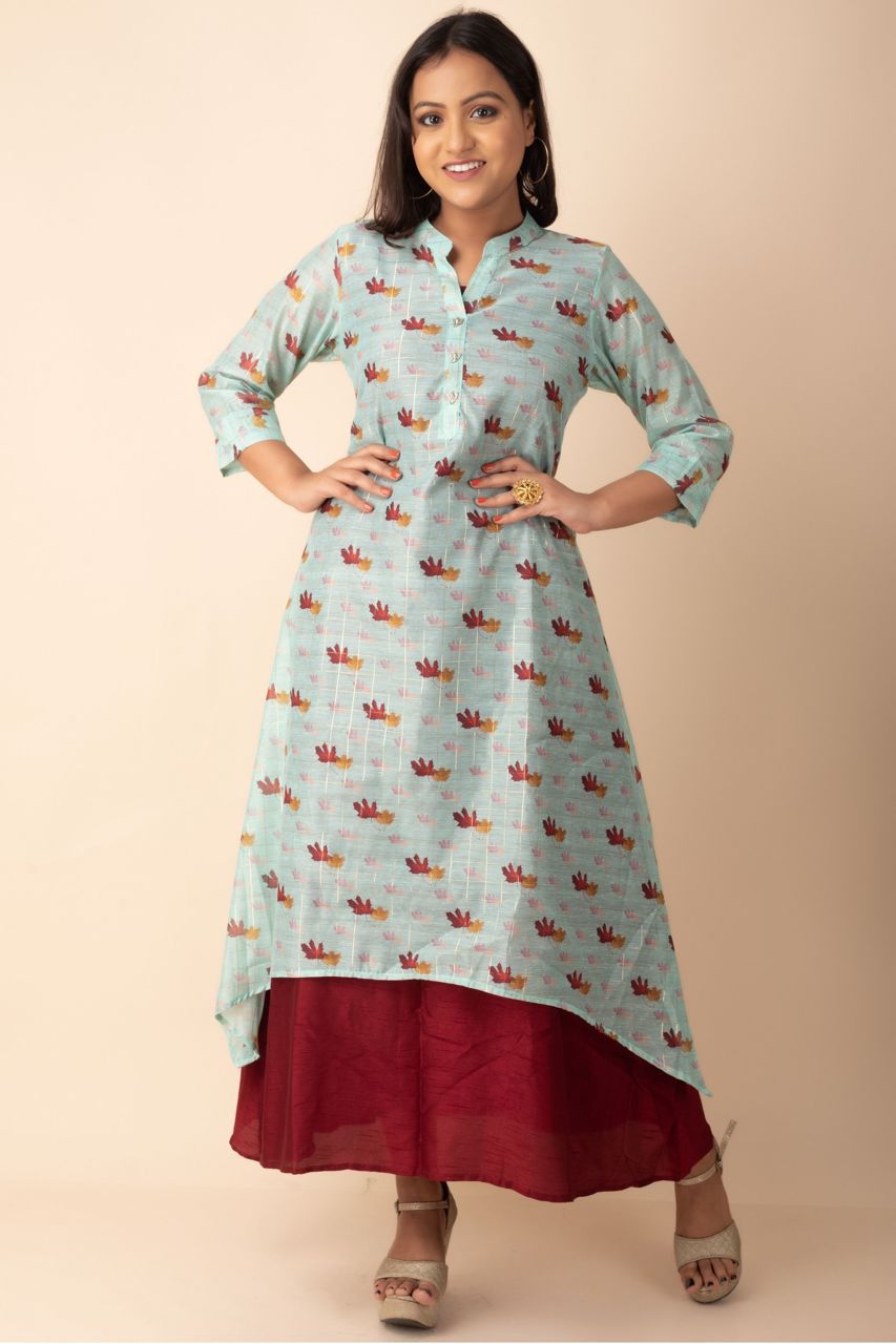 Assymetrical Indo Western Kurti With Printed Leaf Motif