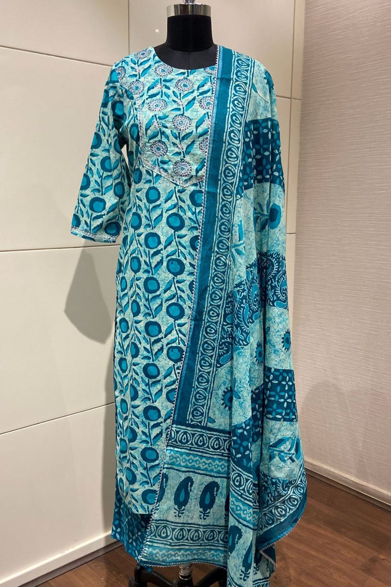 Blue Cotton Salwar Suit With Embroidered Yoke