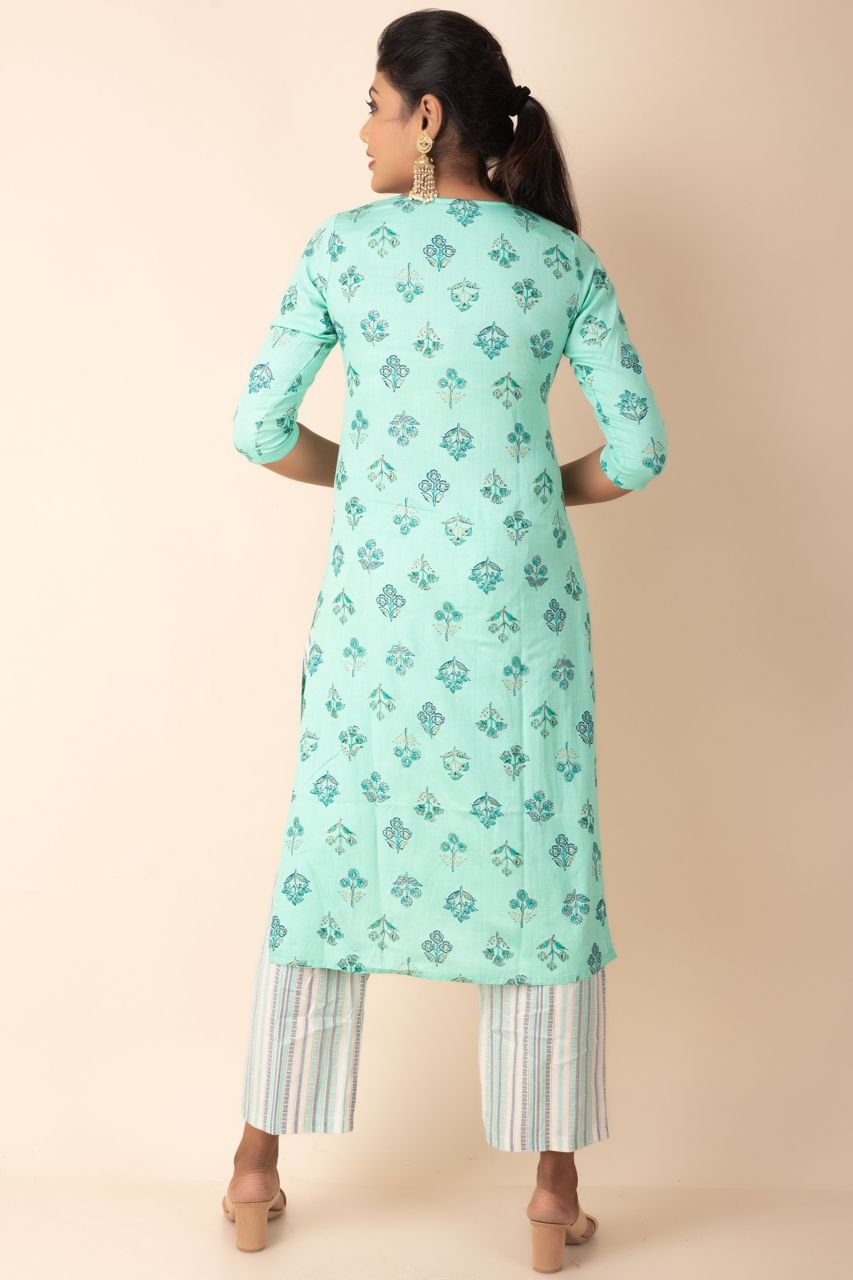 Casual Kurti With Stripe Pant in Sea Green Colour