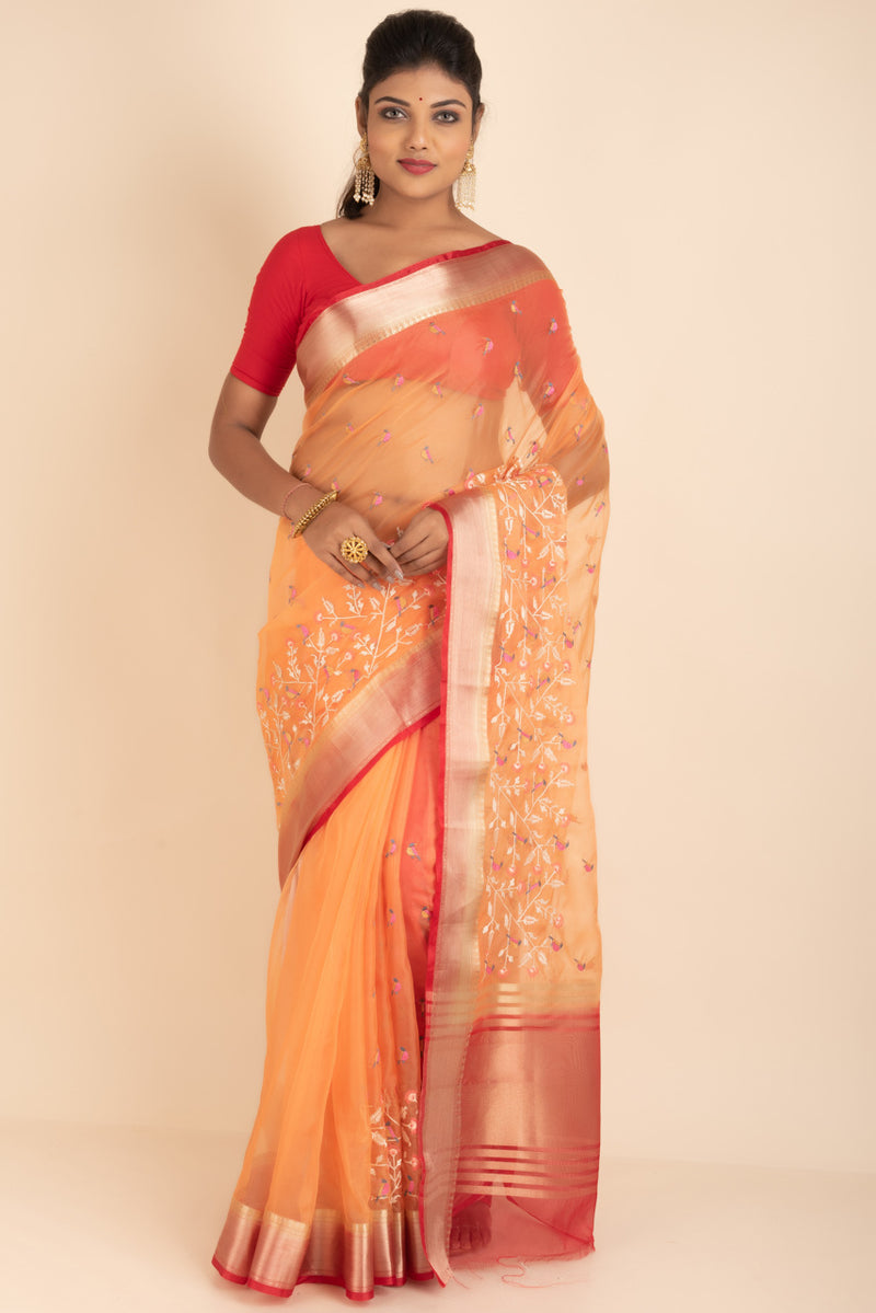 Chanderi Cotton Saree in Orange Colour