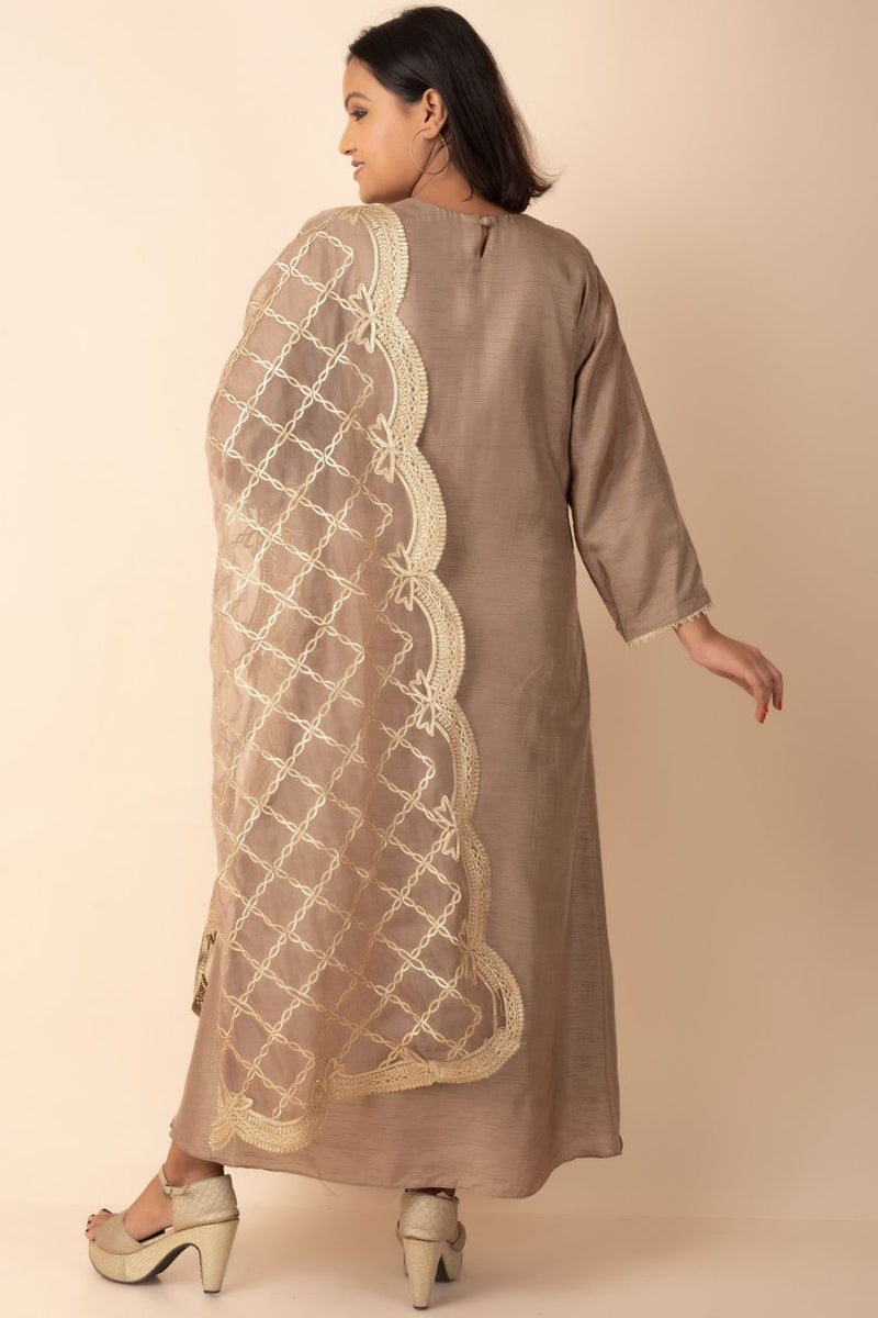 Chanderi Silk Kurti In Copper Colour With Organza Dupatta