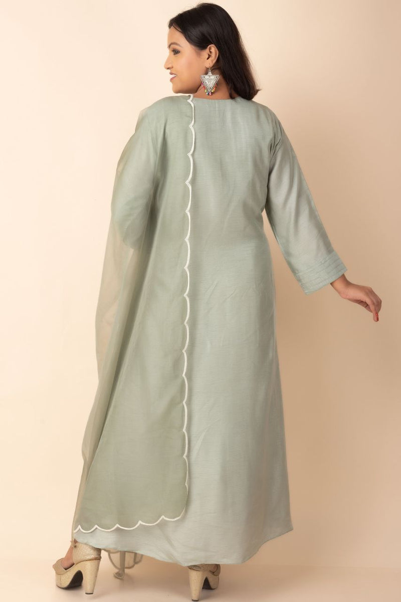 Chanderi Silk Kurti With Plain Dupatta in Mettalic Green