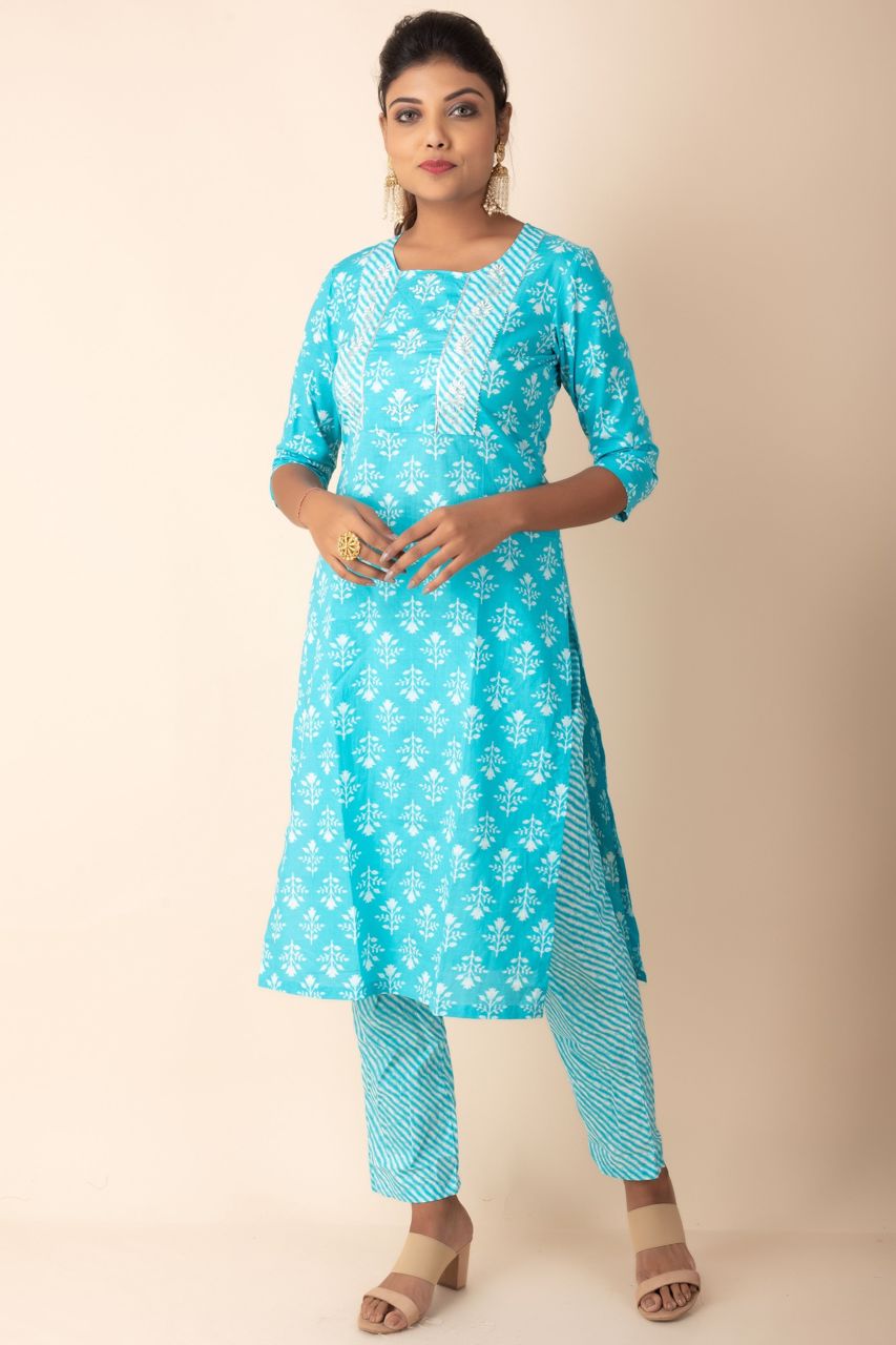 Cotton Kurti With Pant in Sky Blue Colour