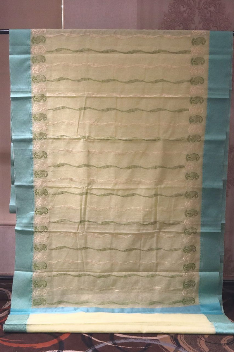 Cotton Saree In Lemon Green Colour With Thread Work