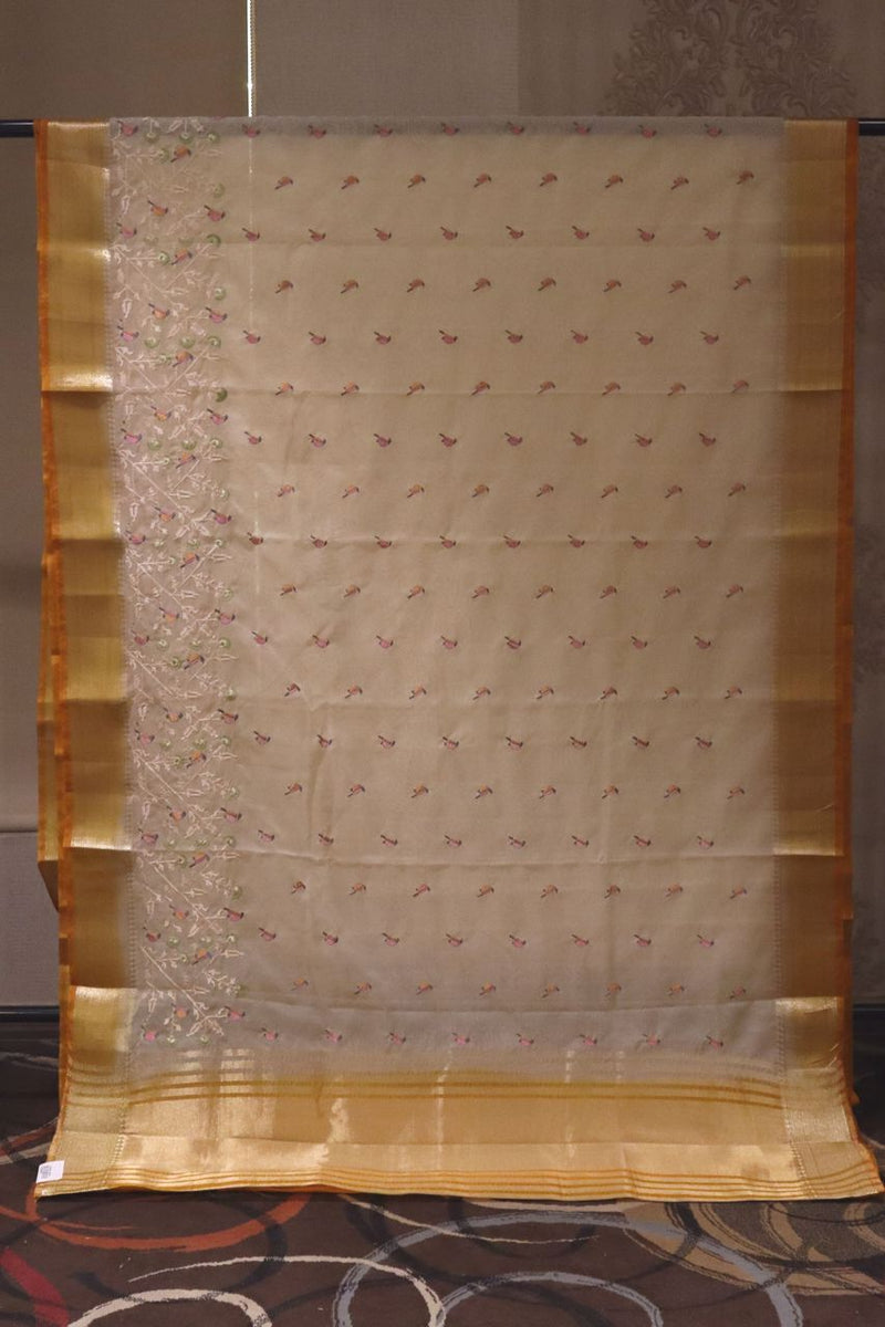 Embroidered Cotton Saree With Bird Motif