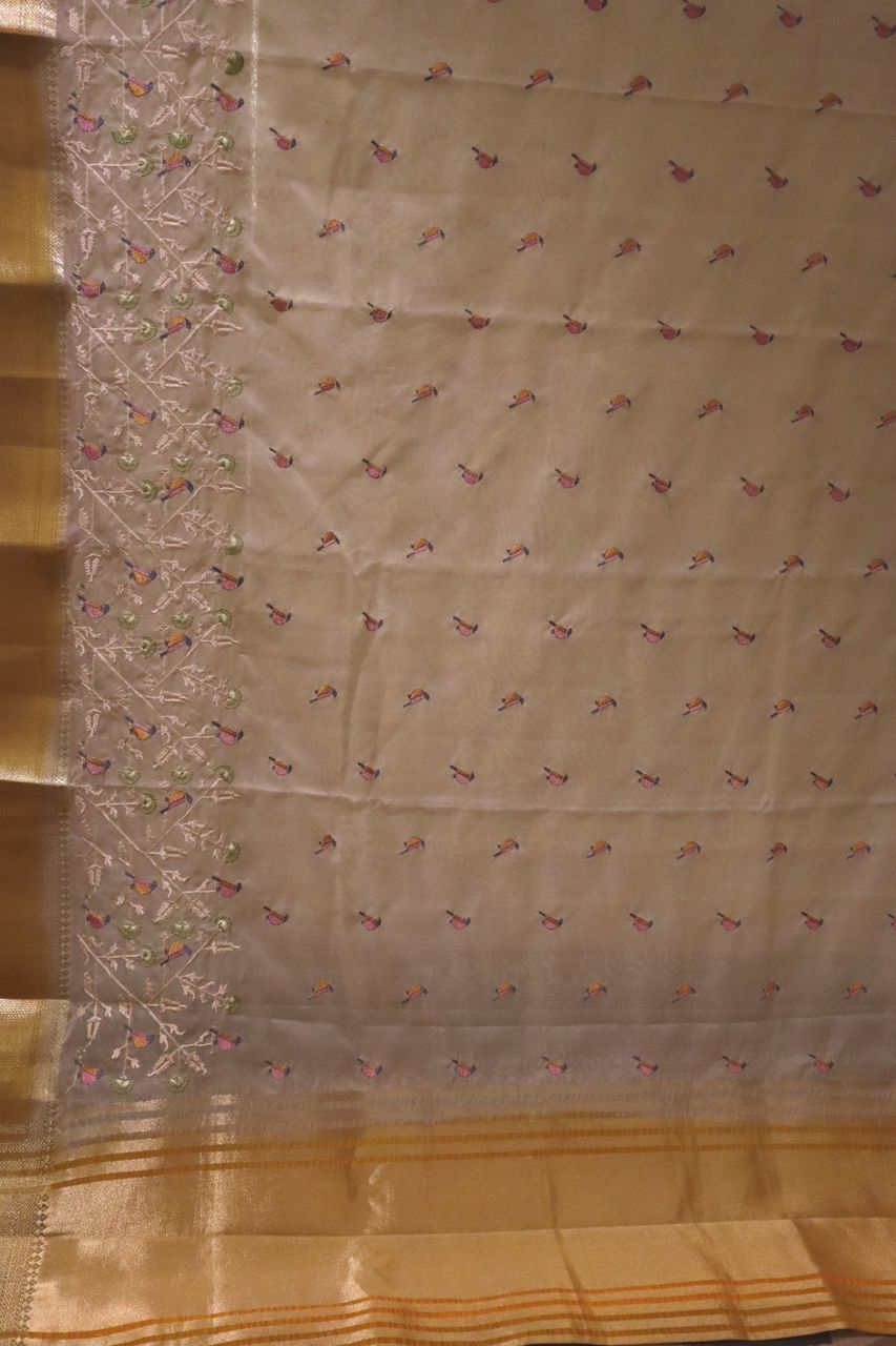 Embroidered Cotton Saree With Bird Motif