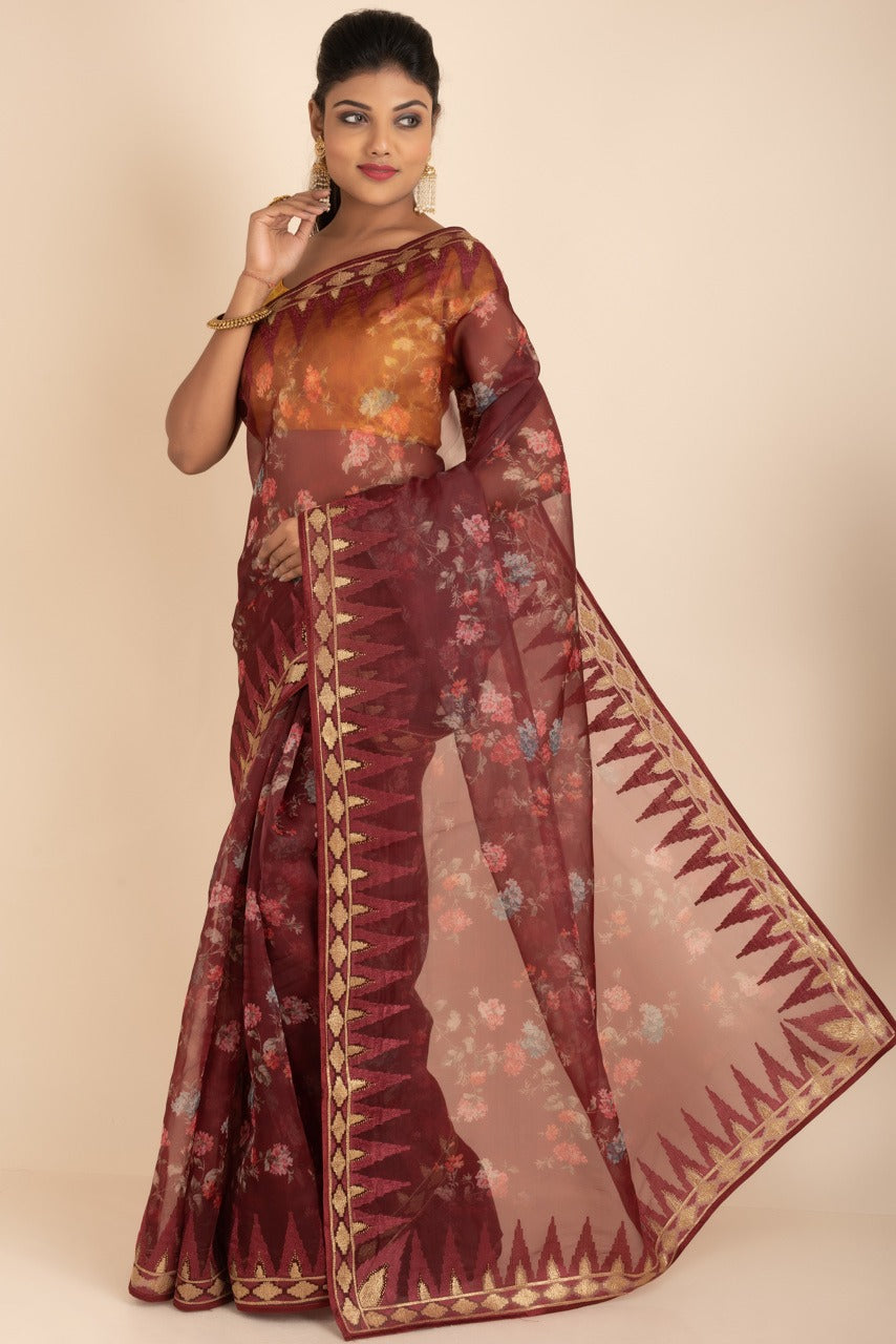 Printed Organza Saree with Embroidered Border