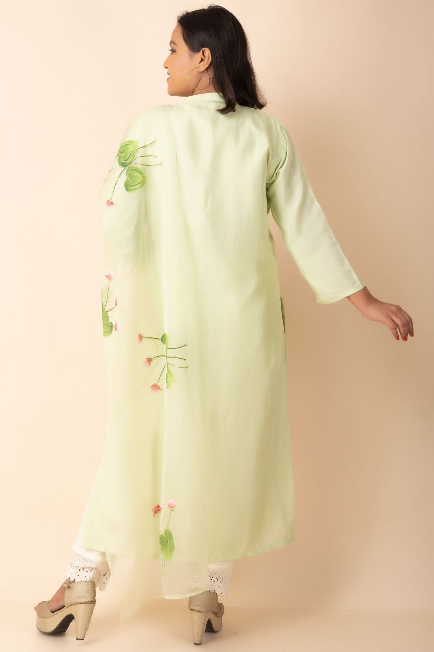 Formal Kurti In Lemon Green With Organza Dupatta