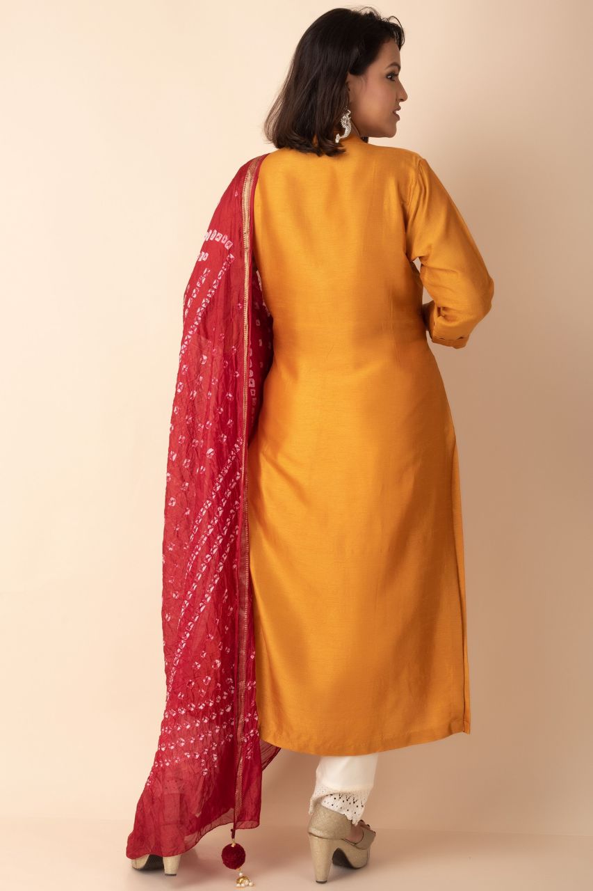 Golden Brown Kurti With Red Chundari Dupatta