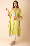 Green Cotton Kaftan With Embroidered Yoke