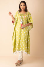 Green Cotton Kaftan With Embroidered Yoke