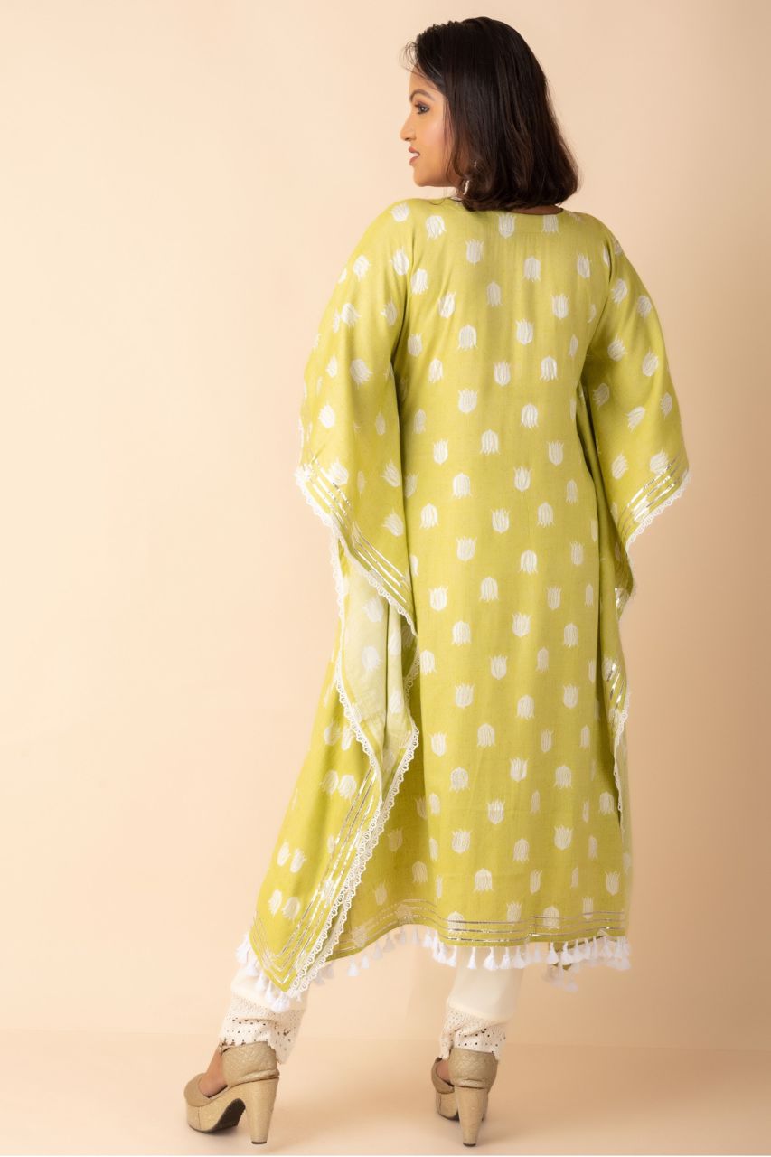 Green Cotton Kaftan With Embroidered Yoke