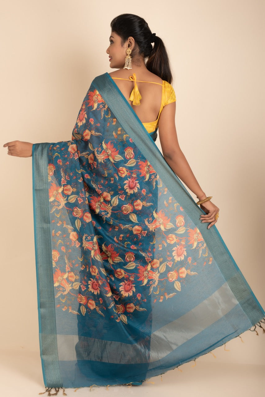 Handloom Tussar Saree With Floral Prints and Woven Border