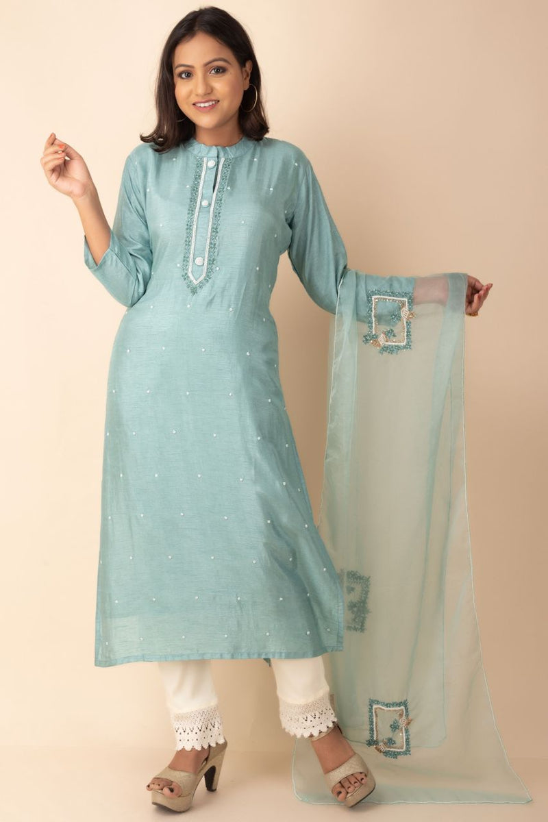 High Neck Kurti With Organza Dupatta