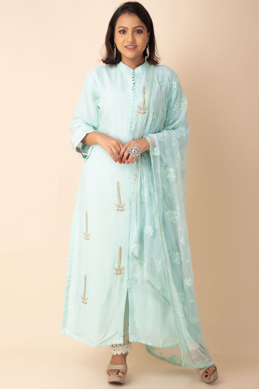 High Neck Long Kurti With Embroidered Dupatta